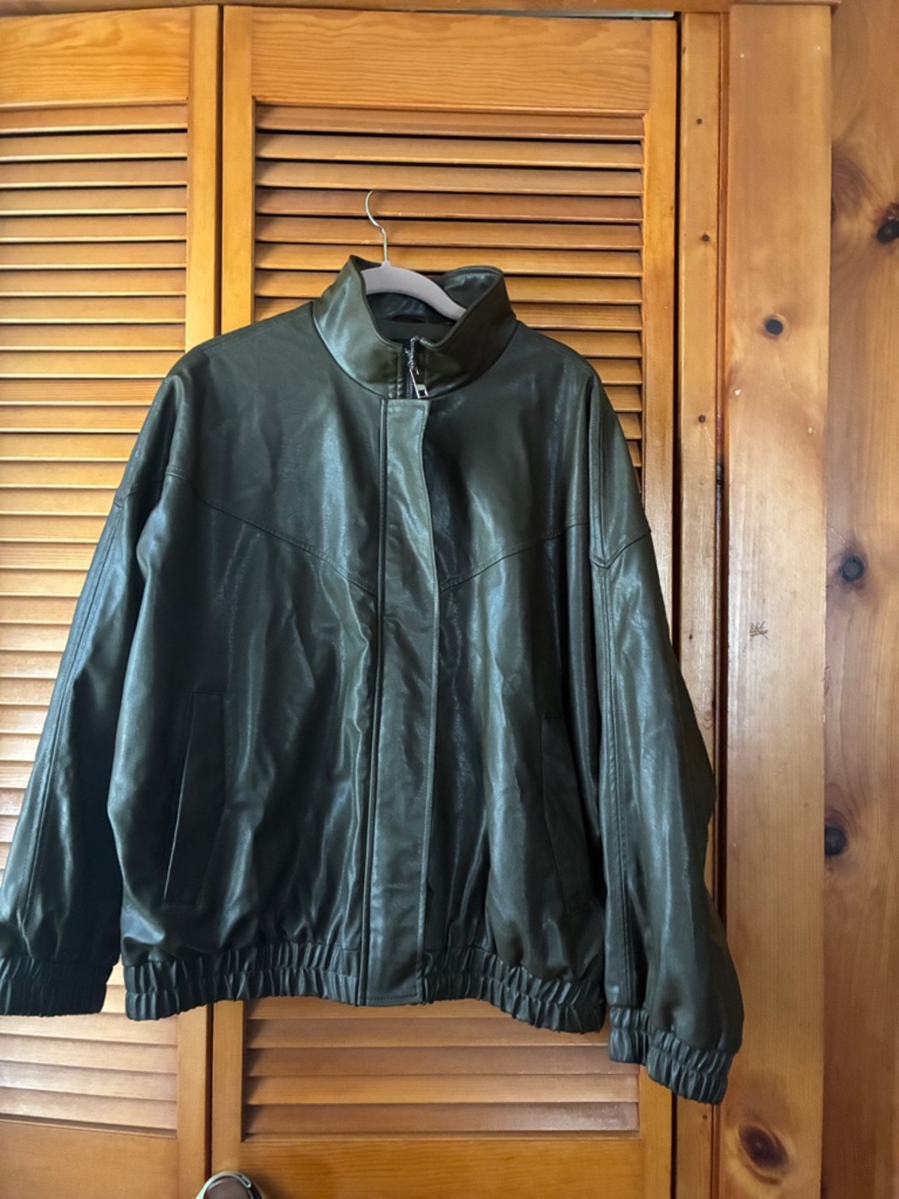 Zara Olive Green Leather Bomber Jacket